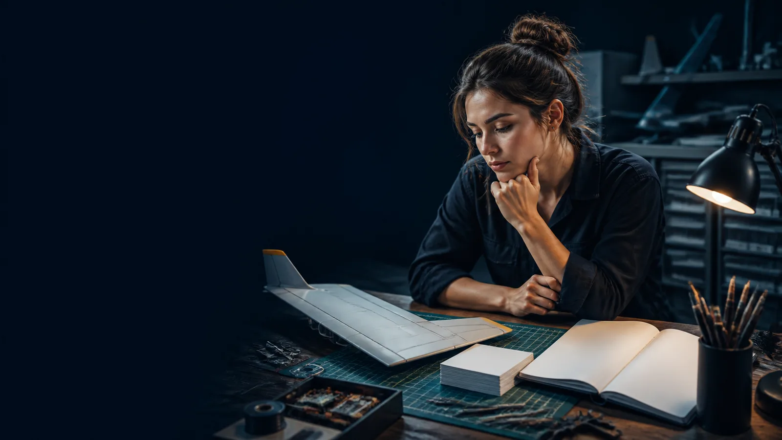 Editorial illustration of a student weighing the time, cost, and technical work of an aerospace degree.