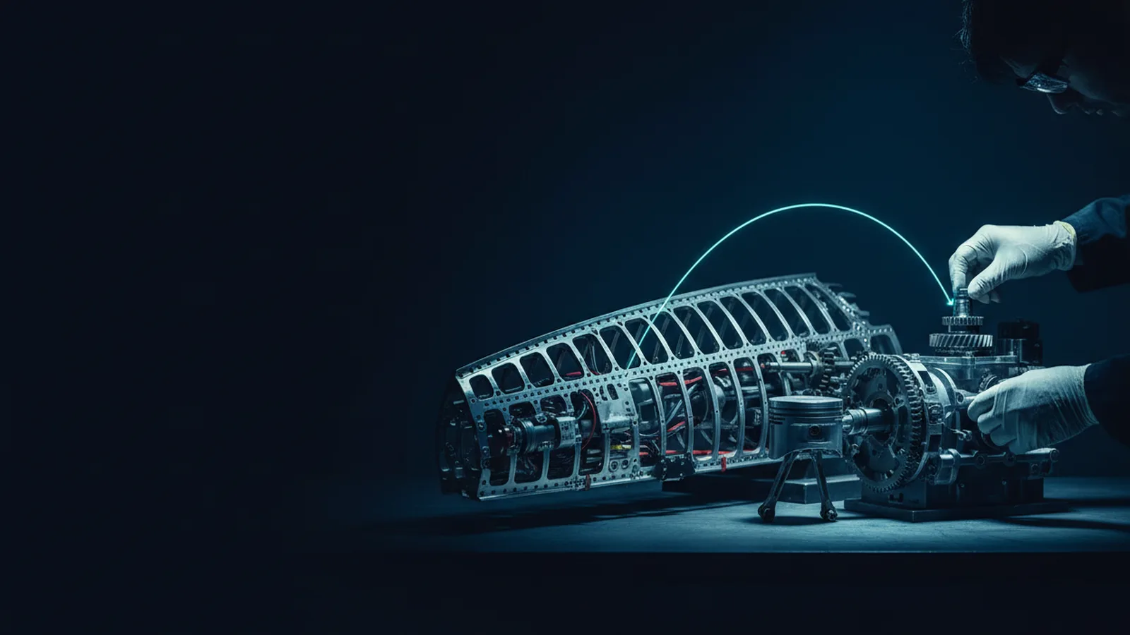 Editorial image of an aerospace wing rib structure beside a mechanical gear and piston assembly, joined by a thin line of light on a dark workbench.