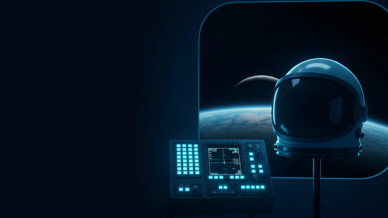 Editorial image of a spaceflight helmet and cockpit trainer panel in front of a window showing Earth’s curve.