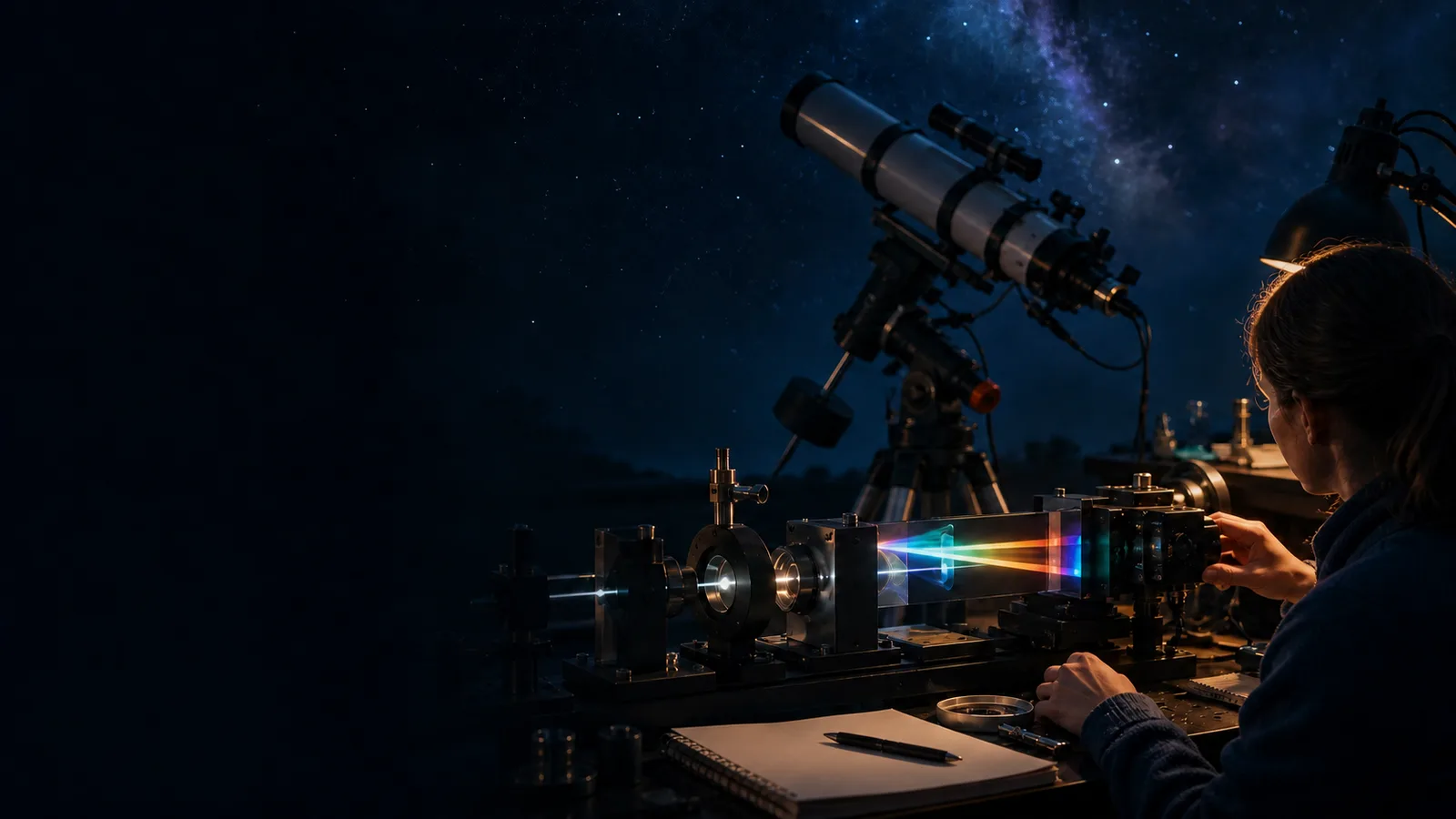 Editorial illustration showing astronomical observation blending into astrophysical modeling.