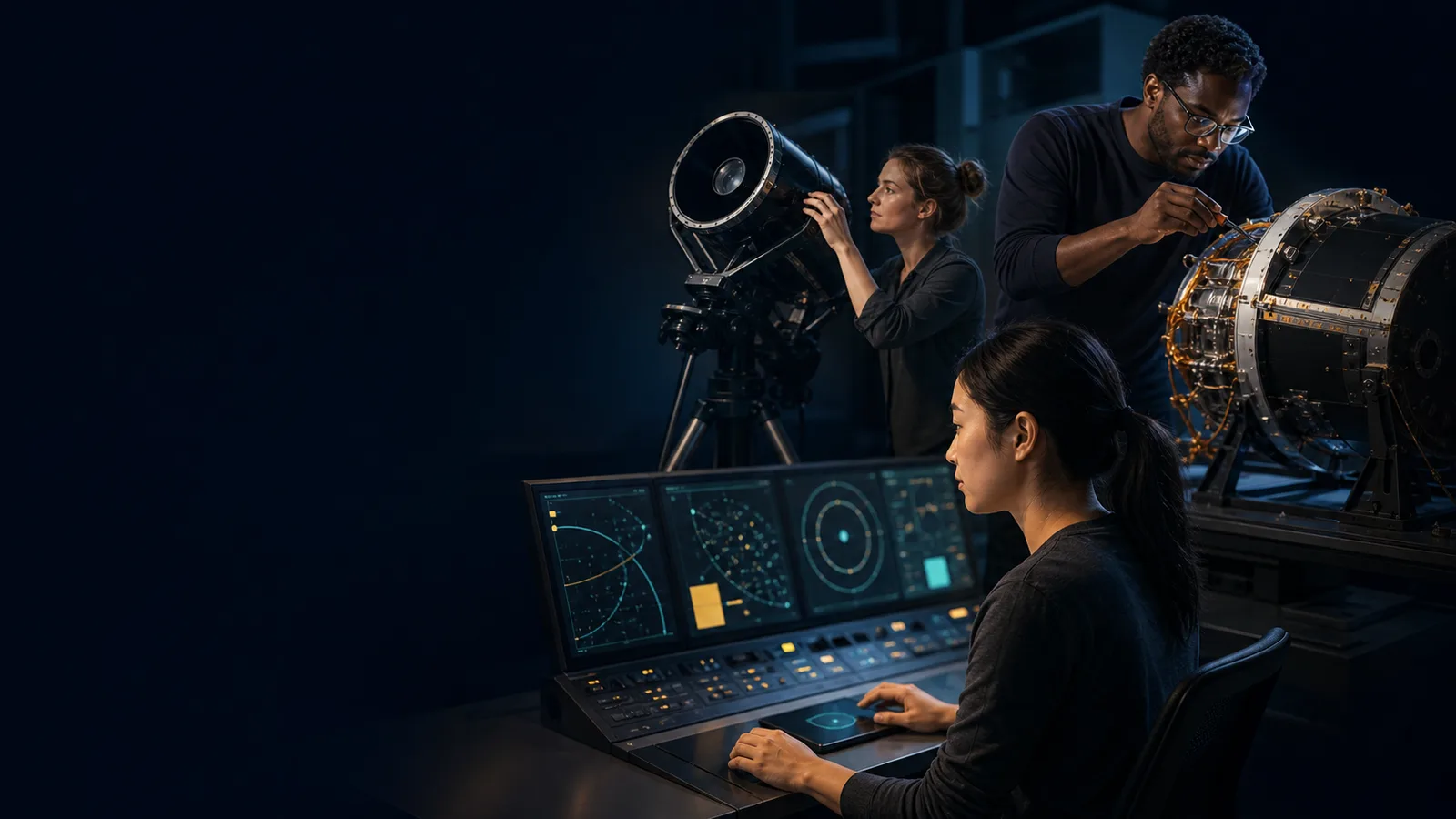 Editorial illustration of engineers, scientists, and technicians collaborating in a space-systems workspace.