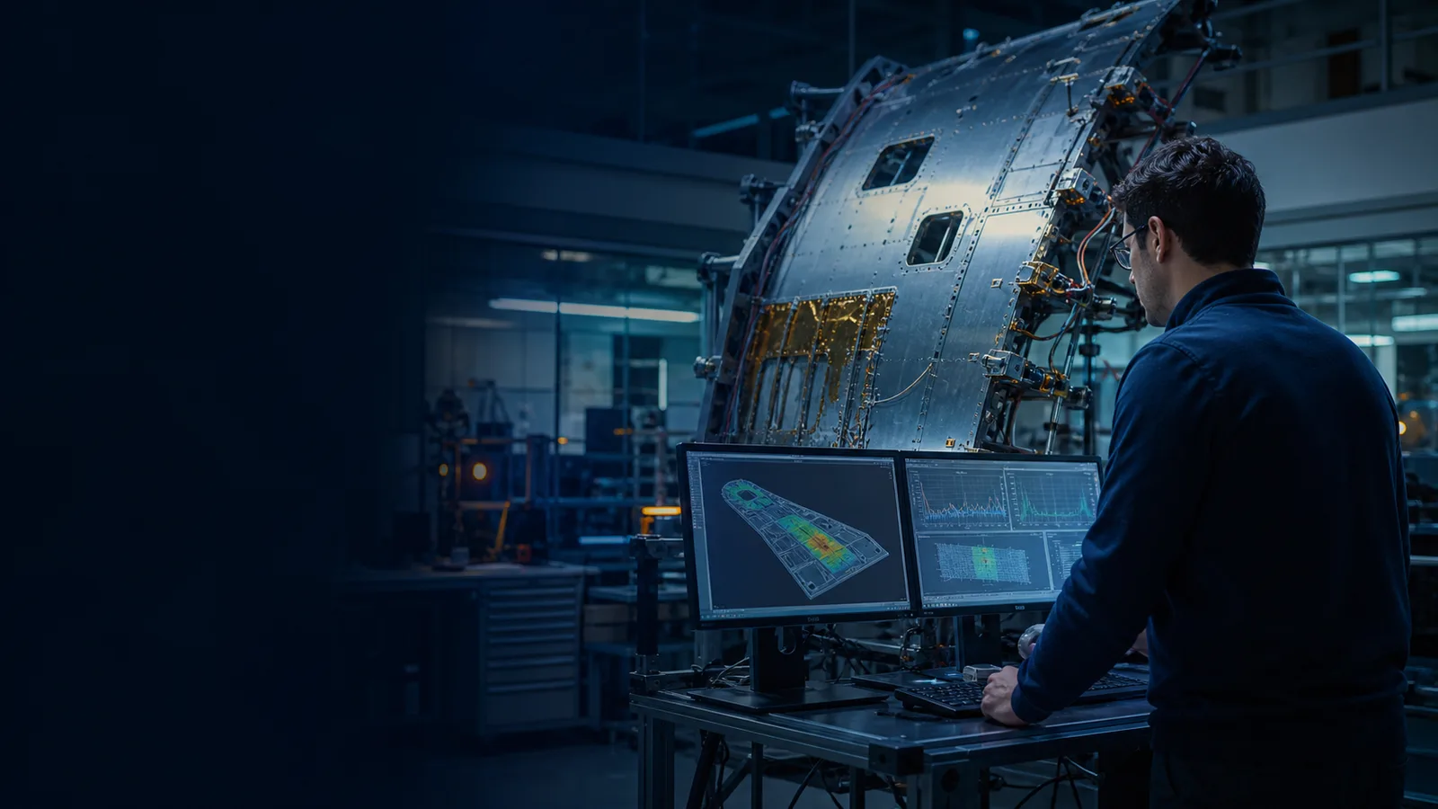 Editorial illustration of an aerospace engineer reviewing a spacecraft structural test assembly.