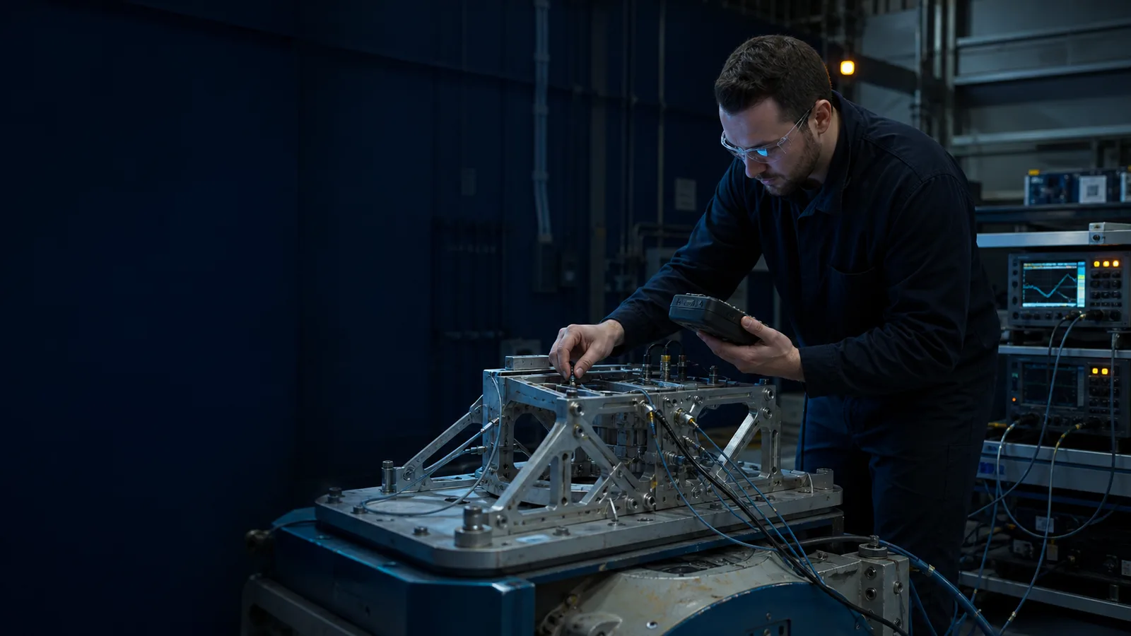 Editorial illustration of a technician calibrating sensors on an aerospace test fixture.
