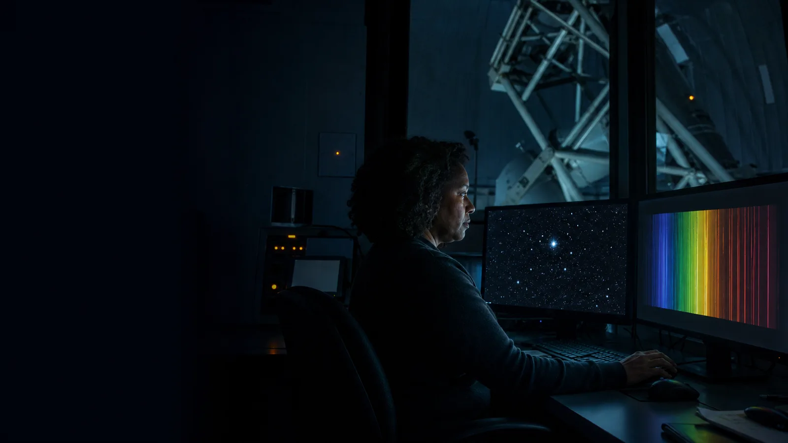 Editorial illustration of an astronomer analyzing telescope observations beside observatory instrumentation.