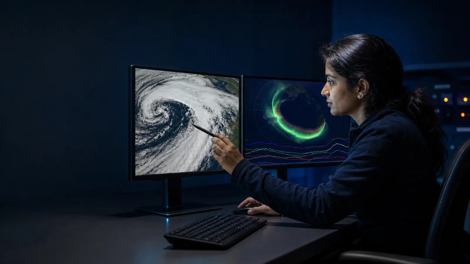 Editorial illustration of an atmospheric and space scientist studying satellite cloud and upper-atmosphere data.