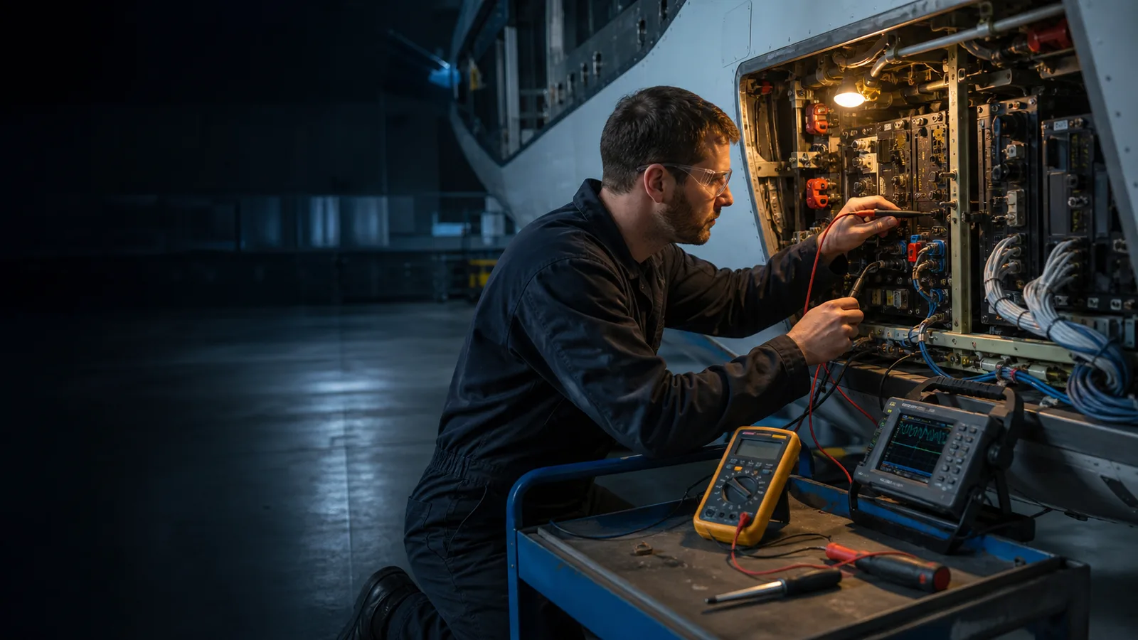 Editorial illustration of an avionics technician testing an open avionics module with diagnostic probes.