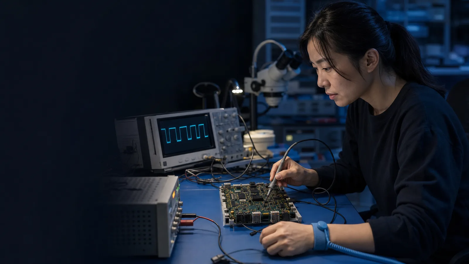 Editorial illustration of a computer hardware engineer inspecting a rugged circuit-board prototype.