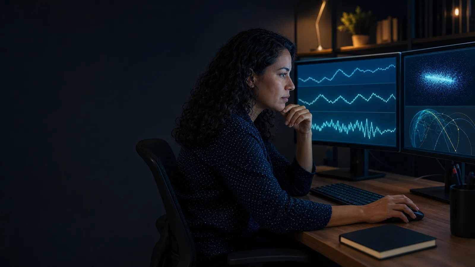 Editorial illustration of a data scientist examining mission telemetry patterns at a workstation.