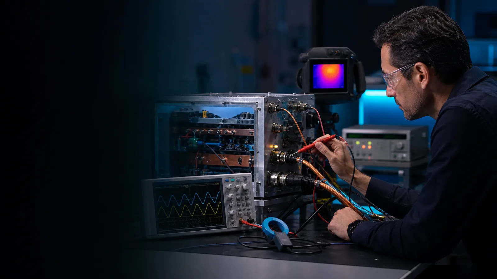 Editorial illustration of an electrical engineer testing a spacecraft power-distribution system.