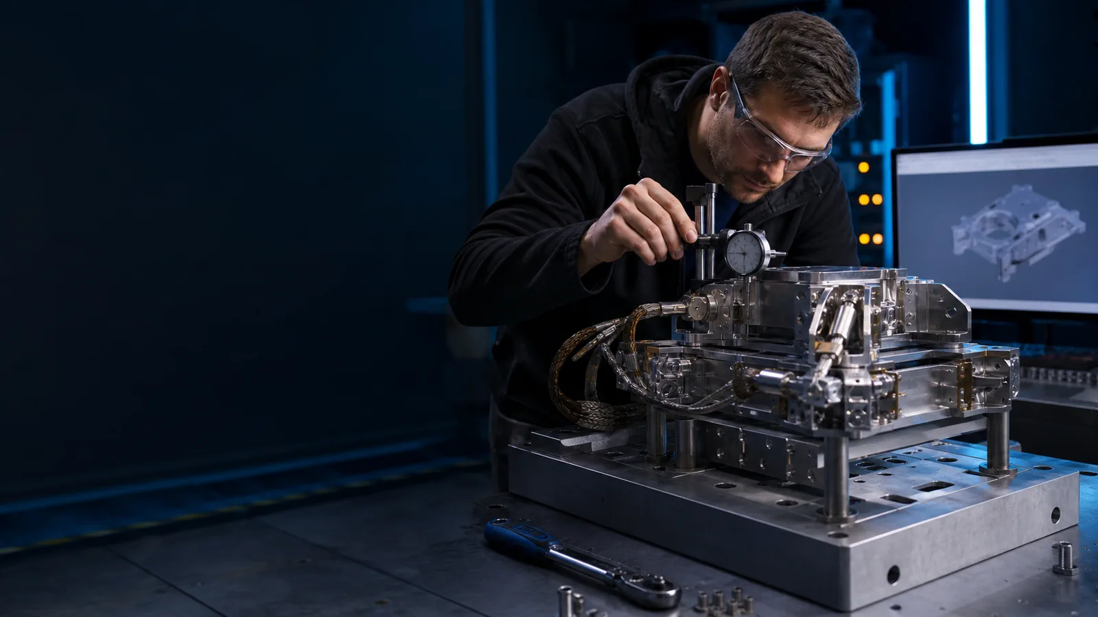 Editorial illustration of a mechanical engineer measuring a precision aerospace component beside a CAD model.