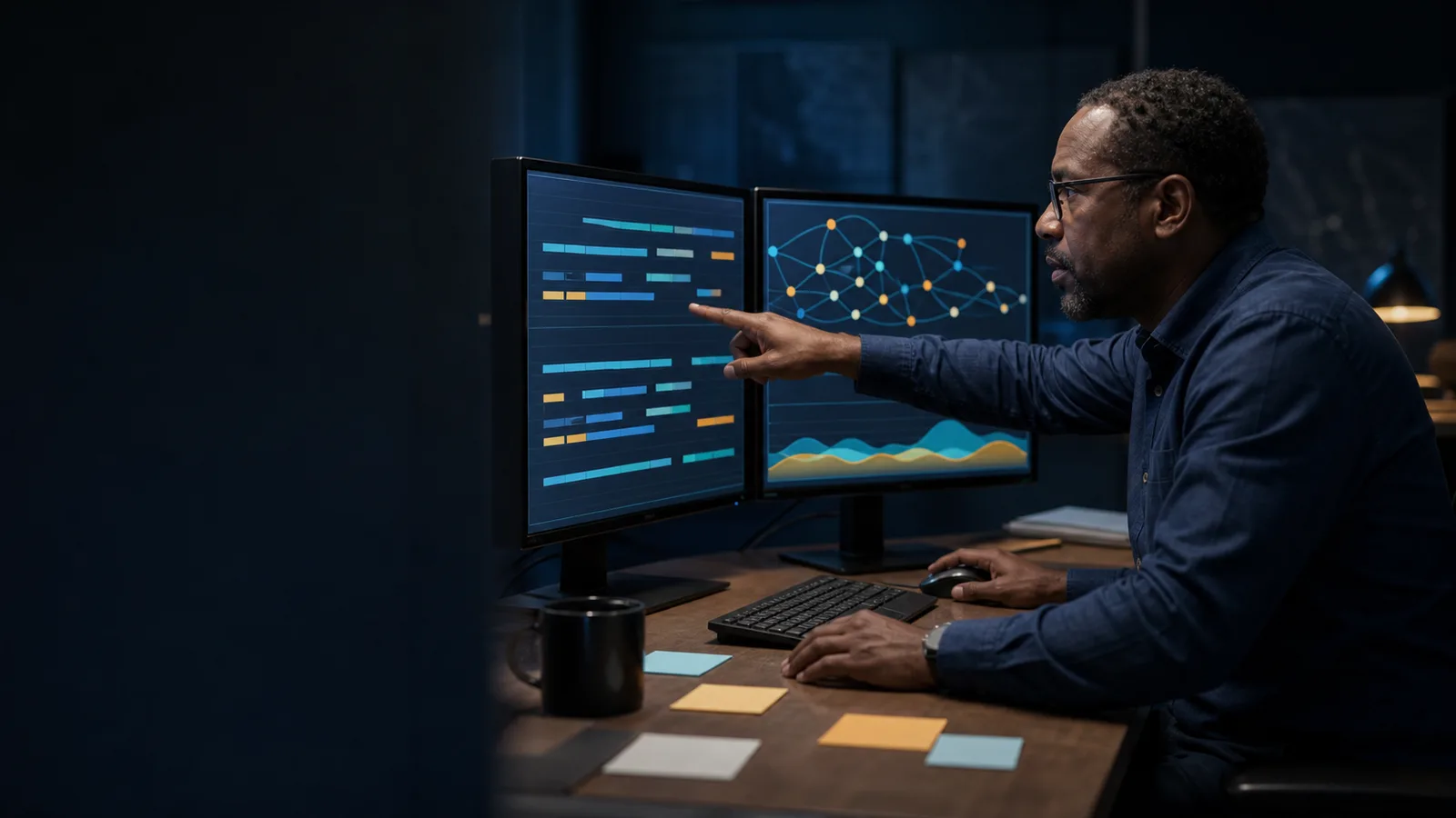 Editorial illustration of an operations research analyst arranging a mission schedule and route model.