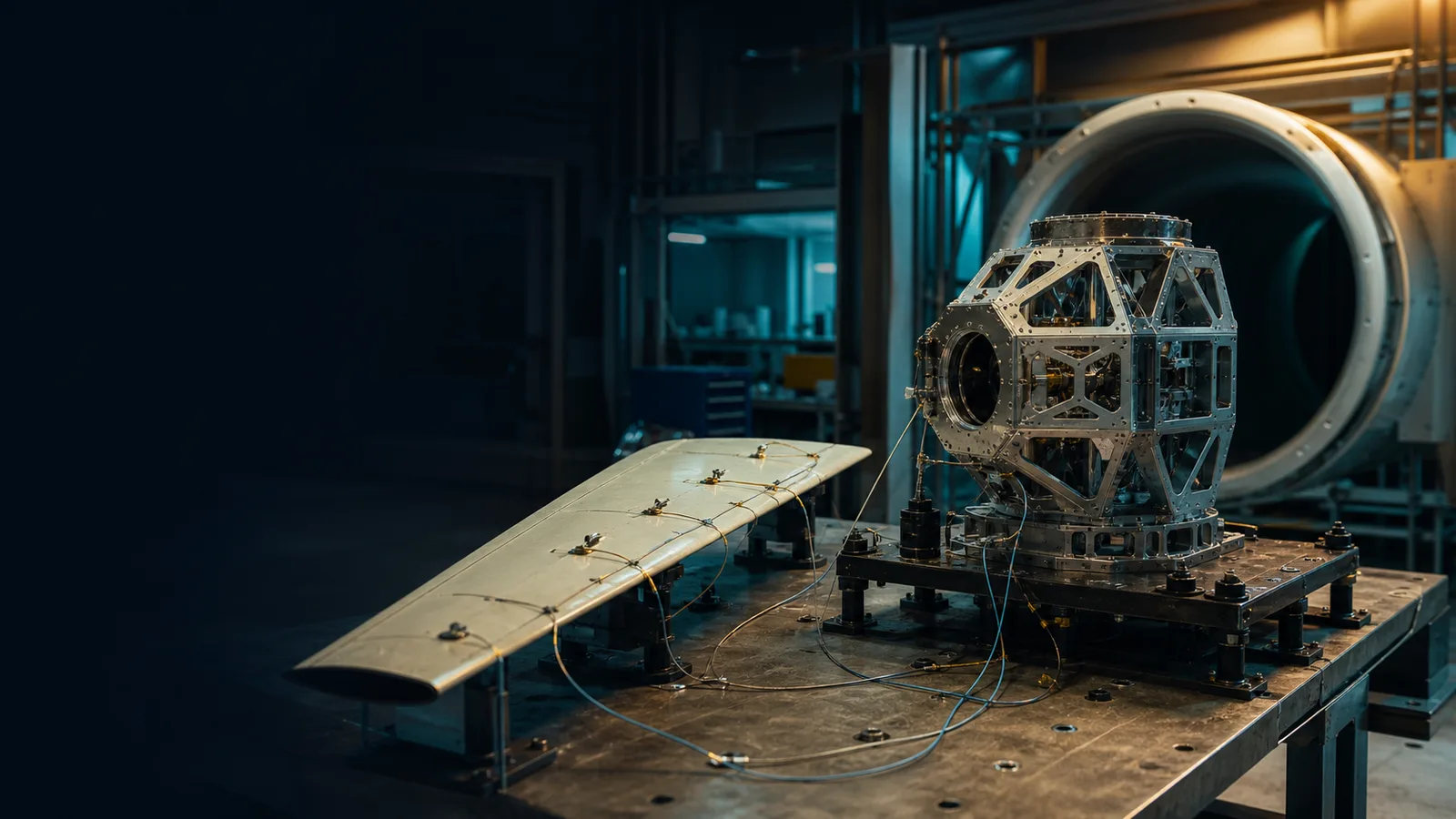 Editorial illustration of spacecraft structures and aerodynamic test hardware.