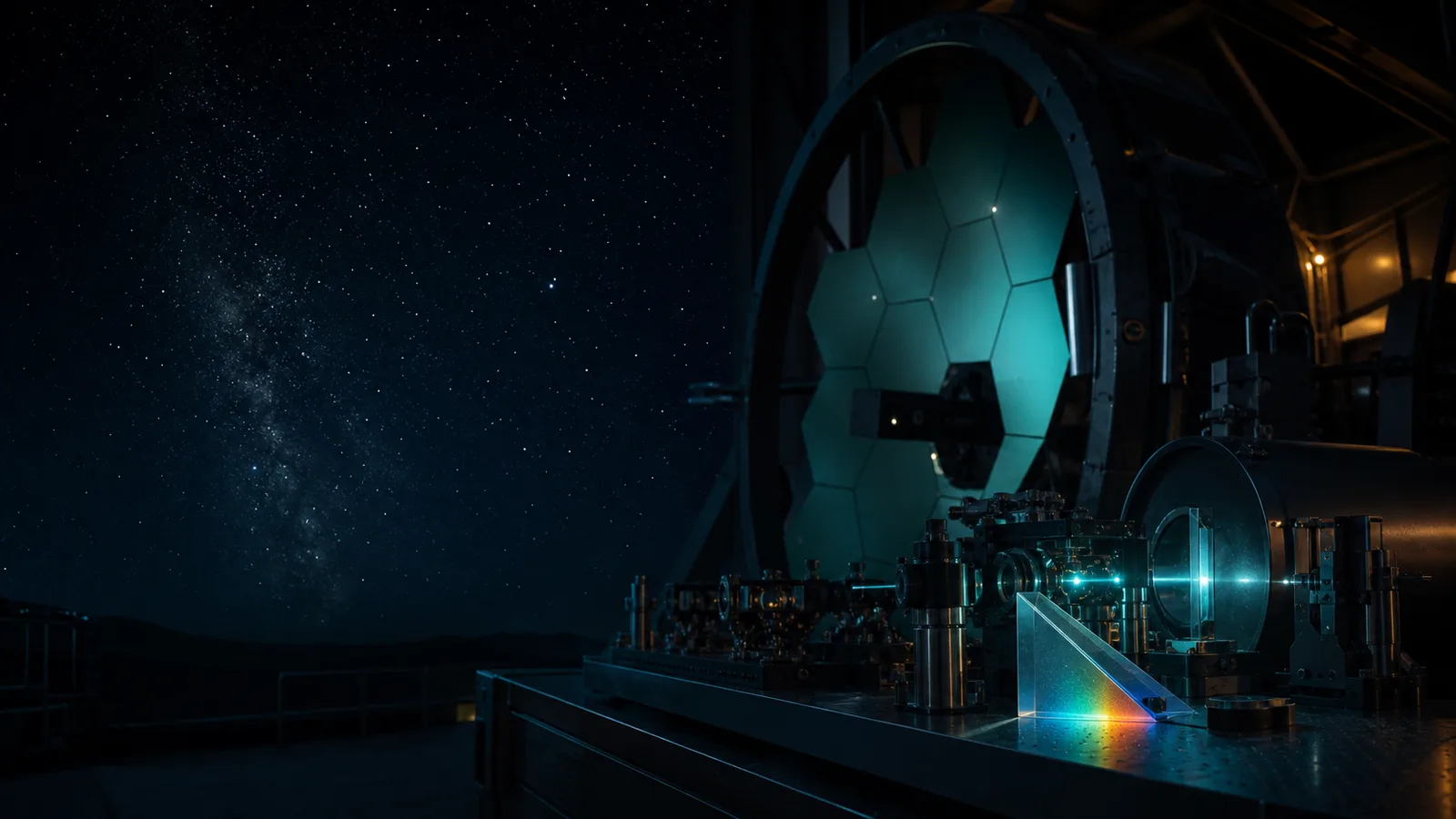 Editorial illustration of telescope optics and spectrograph equipment beneath a deep-sky field.