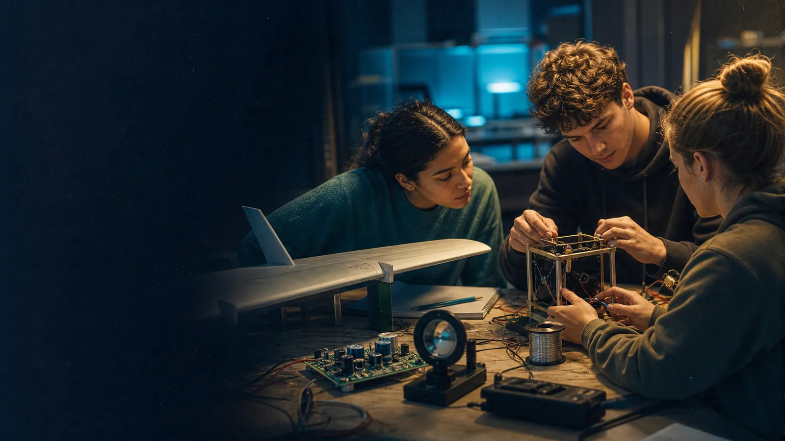 Editorial illustration of students learning mechanics, electronics, and optics at a shared laboratory bench.