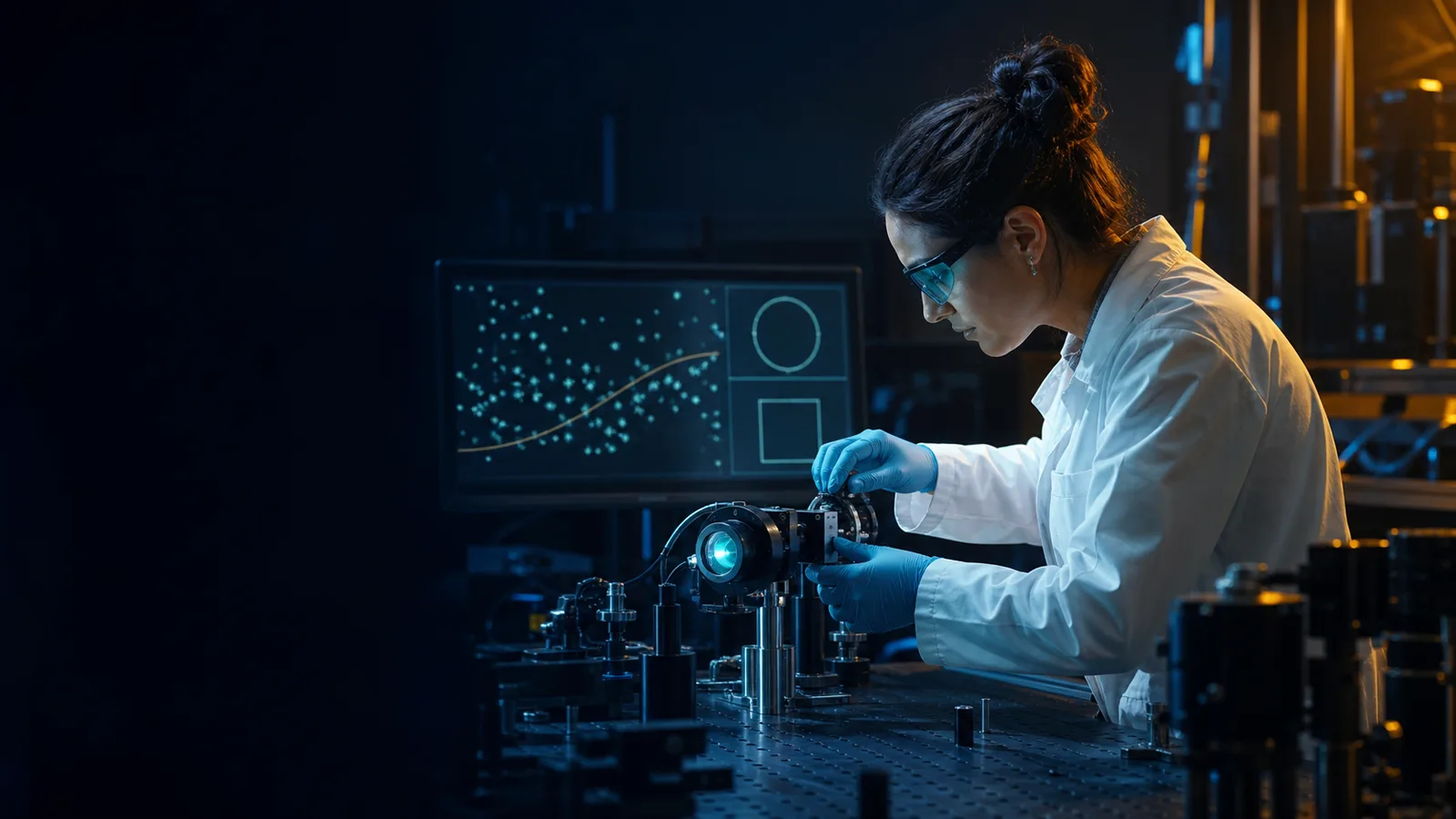 Editorial illustration of a doctoral researcher calibrating specialized scientific instrumentation.