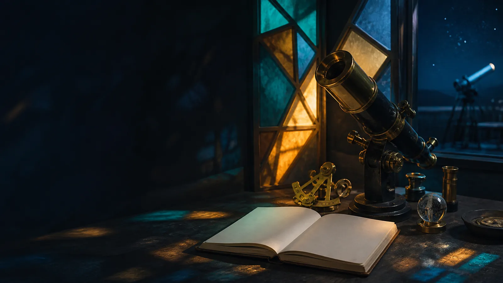 Editorial illustration of astronomy instruments in a quiet study illuminated by contemplative colored light.
