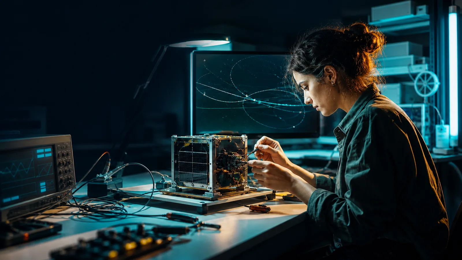 Editorial illustration of a graduate student developing a specialized space-systems project.