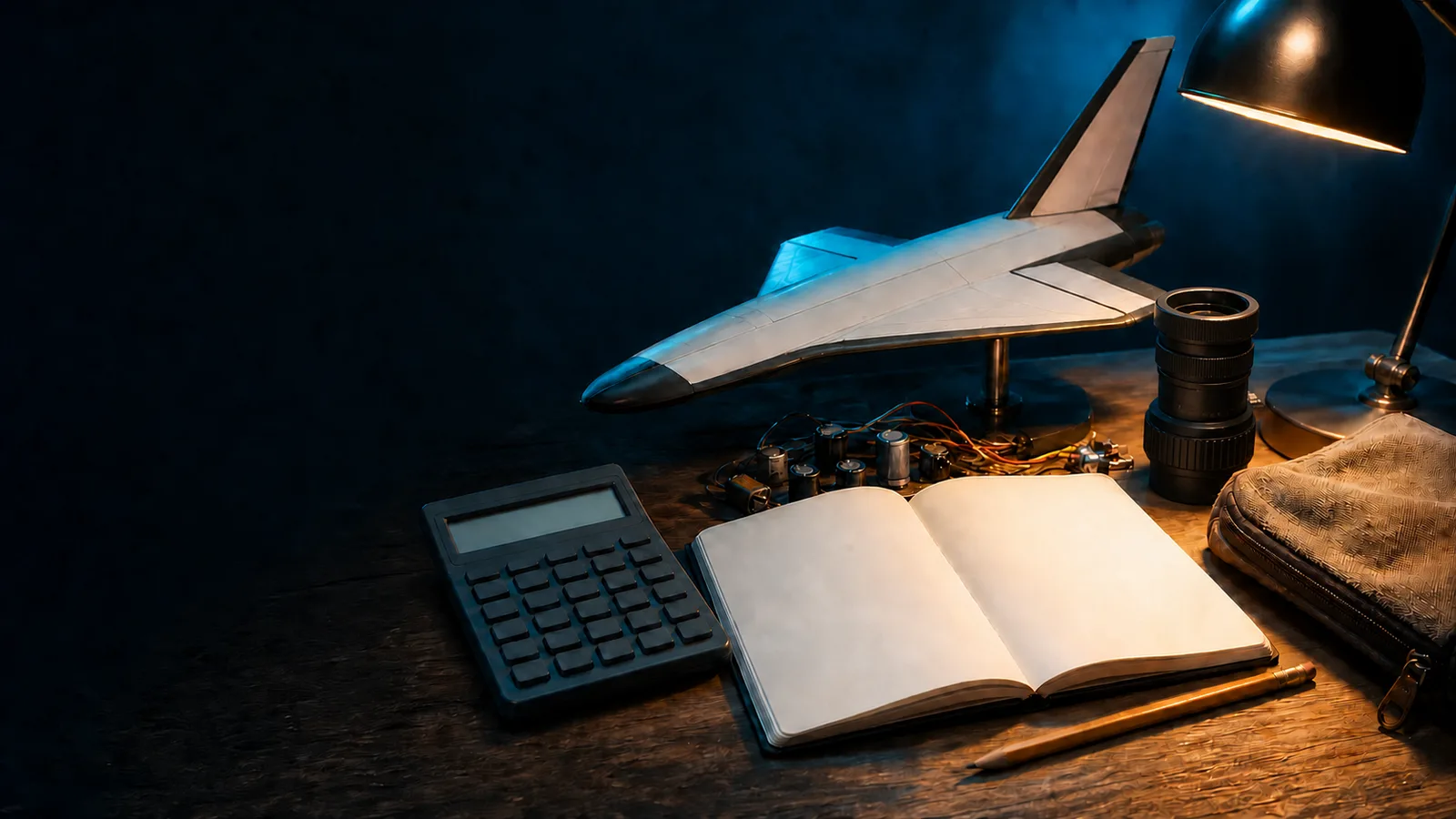 Editorial illustration of aerospace study materials arranged for education-cost planning.