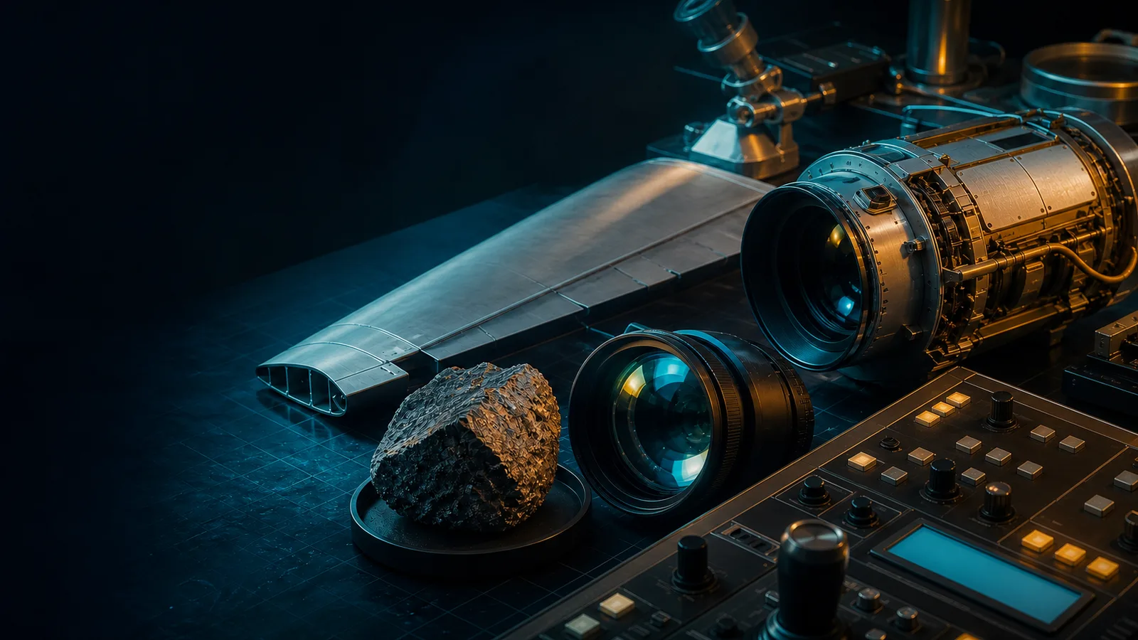 Editorial illustration grouping aerospace hardware, telescope optics, planetary samples, and mission-operations tools.