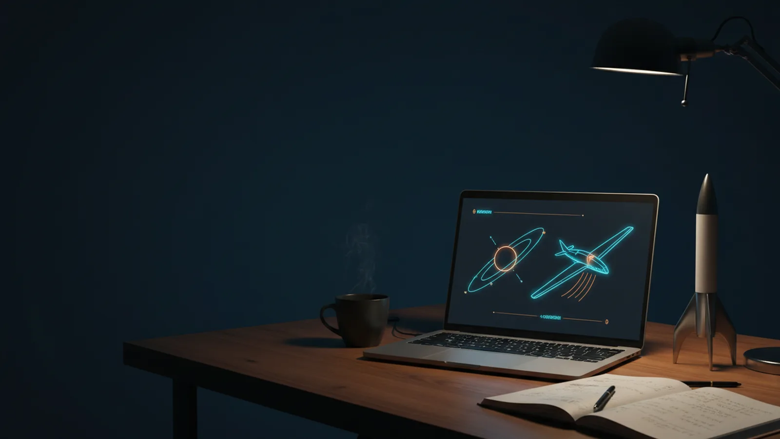 A laptop showing an orbit and wing diagram on a desk at night beside a notebook of equations and a small rocket model.