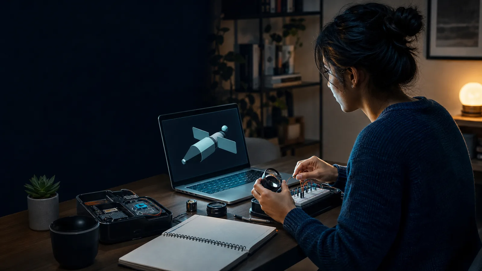 Editorial illustration of a remote student studying space systems with a home laboratory kit.