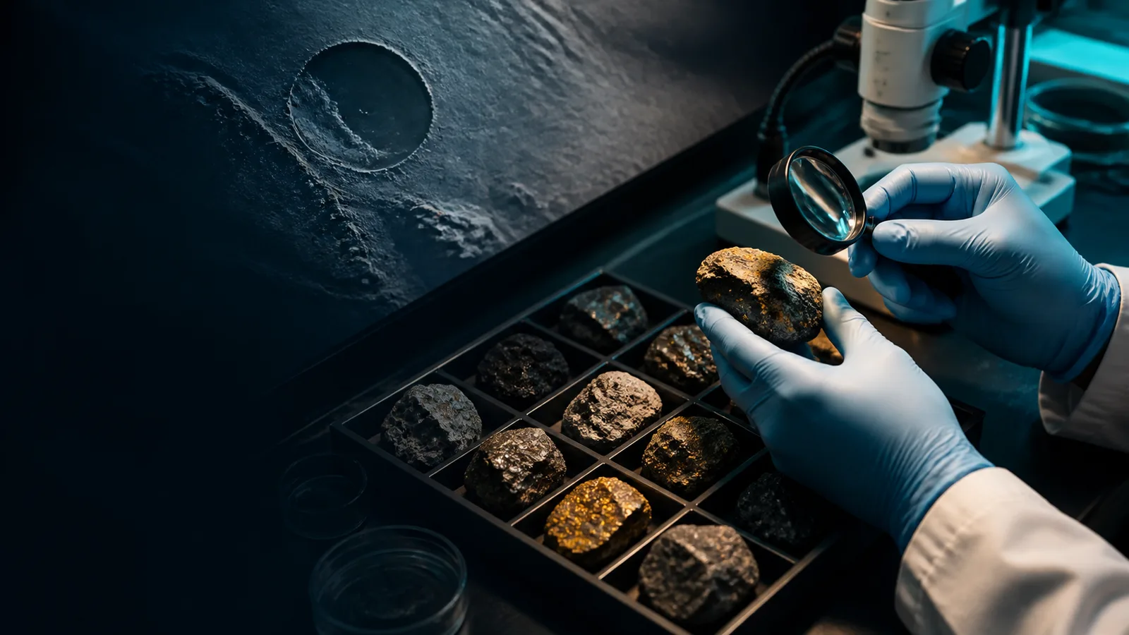Editorial illustration of a researcher examining planetary rock samples beside surface imagery.