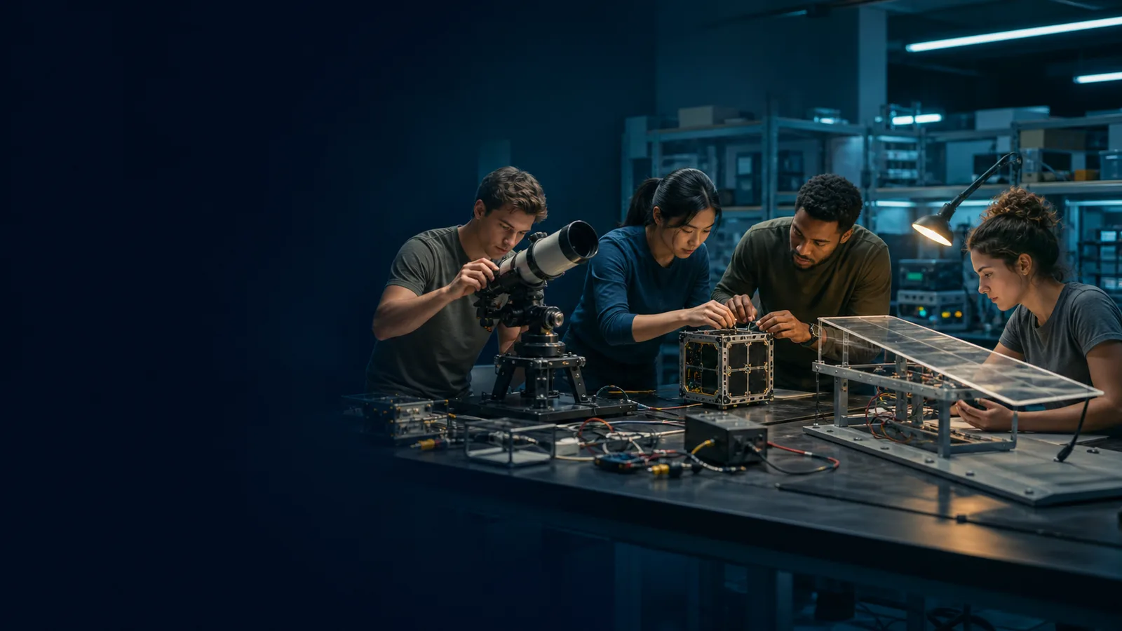 Editorial illustration of students working in a generic public teaching and research laboratory.