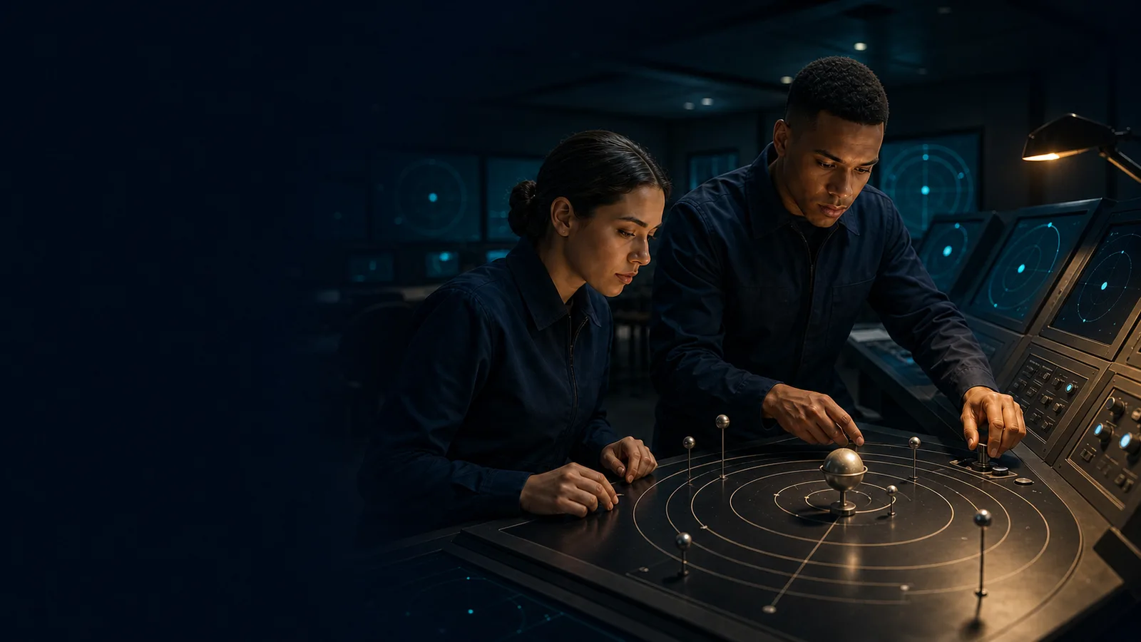 Editorial illustration of officer-cadets training on an aerospace navigation system.