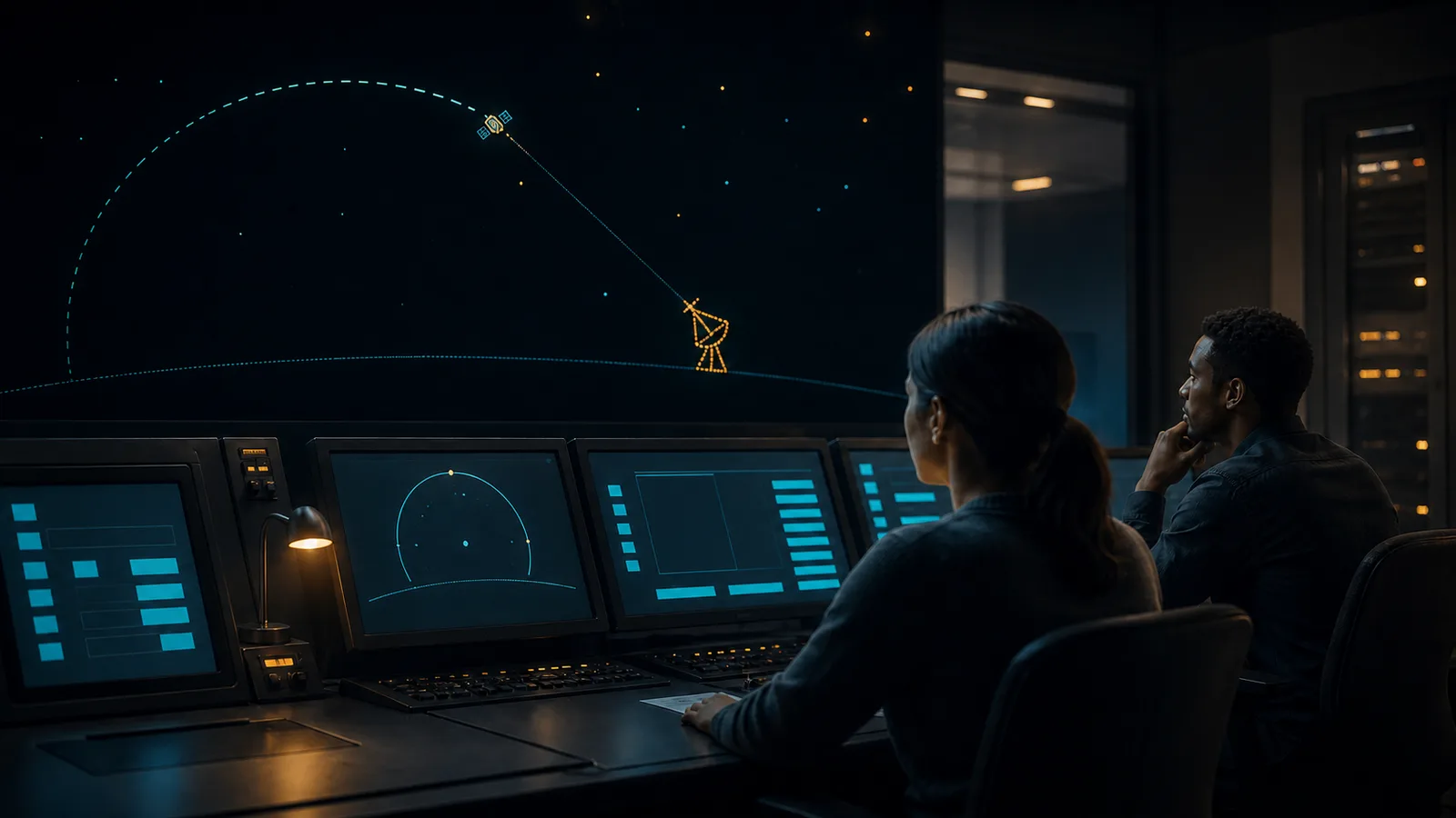 Editorial illustration of an unbranded mission-operations console tracking a spacecraft.