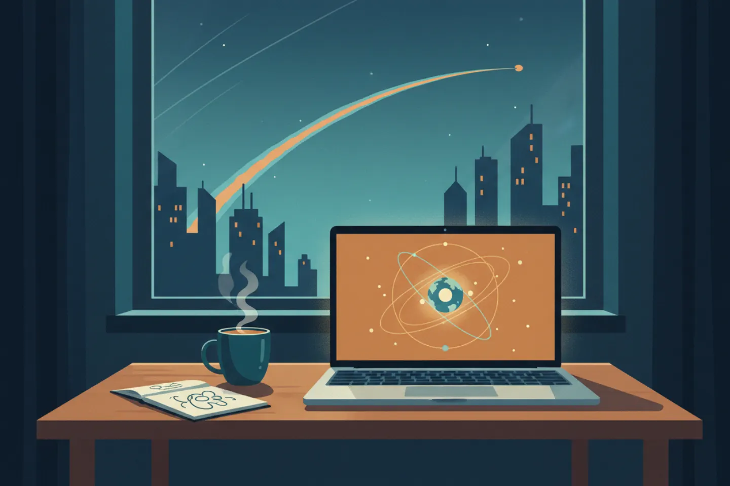 A laptop showing an orbit diagram on a desk at night beside a steaming mug and a notebook, with a rocket trail over a city skyline in the window